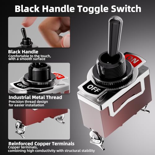 DaierTek 12V Heavy Duty Black Handle Toggle Switch, SPST 2 Pin ON Off Toggle Switch,12 Volt 30A High Current Metal Housing Toggle Switch for Car Automotive Industrial Machinery - size: Screw ON/OFF with Black Handle