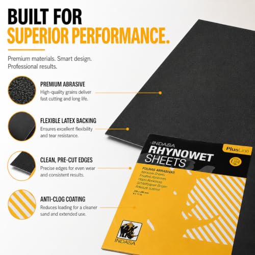 Indasa 50 PCS 9x11” Wet & Dry Sandpaper Sheets, 1000 GRIT, Rhynowet Clog-Resistant Abrasive for Wood, Metal, Auto, Paint & Clear Coat Finishing, Sand Paper Silicon Carbide, Plusline - size: 1000 GRIT 9"x11" Silicon Carbide