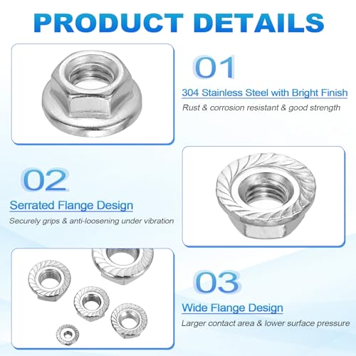 50Pcs Serrated Flange Hex Nuts-M5-0.8-Coarse 304 SS Bright Finish - color: Silver, size: M5-0.8