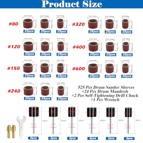 Tnisesm 552Pcs Aluminum Oxide Sanding Drum Set,Including 525 Pieces 80 120 150 240 320 400 600 Grit Drum Sander Sanding Sleeves and 24 Pieces Drum Mandrels for Dremel Rotary Tool,Sanding Drums - size: 7SIZE-525PCS