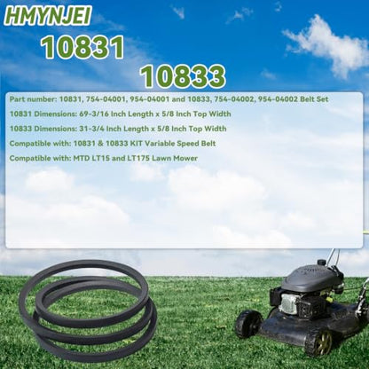 10833 and 10831 Variable Speed Belt Set for Riding Mower 10831/3 KIT Replaces 754-04001 954-04001 + 754-04002 954-04002