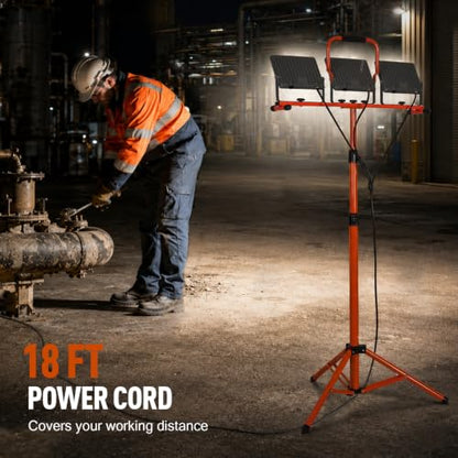 30000 Lumen LED Work Lights with Stand - 3 Adjustable Head Waterproof Foldable Tripod Light, 6500K Daylight (47-68" Height) & 18FT Cord - IP66 Rated for Construction Sites, Garage, Outdoor (Orange)