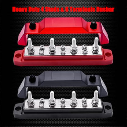 Ampper 4 x M6 Posts Power Distribution Block BusBar 6 M4 Screws, 6.3" R & B - color: Red & Black, size: 4M6+6M4