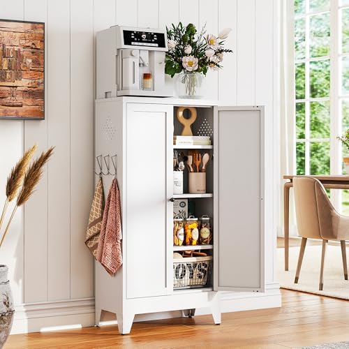 AQY Metal Pantry Cabinet, White Kitchen Storage Cabinet with Doors - color: White, style: H47" - 2 Doors Hooks & Vents