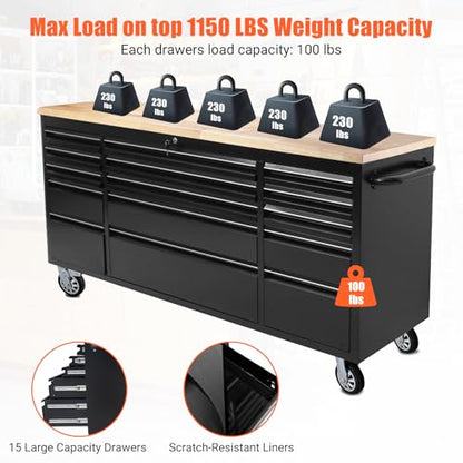 72" Heavy-Duty Rolling Tool Chest & Garage Workbench with 15 Drawers, Steel Cabinet, Rubber Wood Top, Key Locking System, Drawer Liners, On Wheels for Warehouse Repair Shop, Black - size: 72 Inch Black