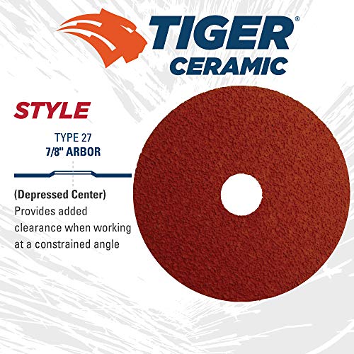 Weiler 69852 Tiger Ceramic Alumina Resin Fiber Sanding & Grinding Disc, 4-1/2" Diameter, 50 Grit, 7/8" Arbor Hole (Pack of 25) - size: 7/8" Arbor, style: 50 Grit