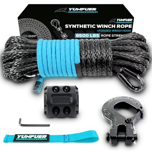 3/16" x 50ft Synthetic Winch Rope Cable Kit, 8500LBS Winch Rope with Protective Sleeve + Forged Winch Hook + Rubber Stopper and Safety Pull Strap for ATV UTV (Gray) - color: gray, size: 3/16"x50ft