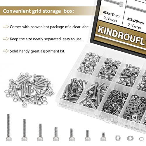 562 Pieces M3 x 4/6 /8/10 /12/16 /20mm Hex Socket Head Cap Screws Nuts Washers Assortment Kit, 304 Stainless Steel, Fully Machine Thread - size: M3, style: Socket Head