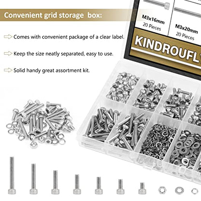 562 Pieces M3 x 4/6 /8/10 /12/16 /20mm Hex Socket Head Cap Screws Nuts Washers Assortment Kit, 304 Stainless Steel, Fully Machine Thread - size: M3, style: Socket Head
