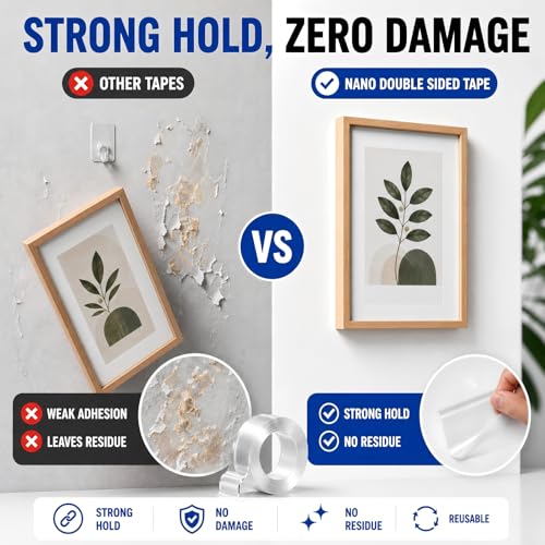Double Sided Tape Heavy Duty, Nano Clear Mounting Tape, Picture Hanging Poster Carpet Tape for Walls, Dorm Office School Outdoor, Removable Adhesive【1 Rolls】（9.85FTx1.2in - size: 9.85 Feet