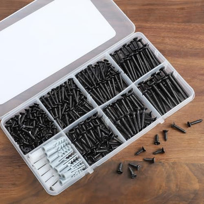 Wood Screws Assortment Kit, 289PCS High Hardness Flat Head Wood Screws Set, Assorted Screws,Phillips Drive,Black Dacromet Coated, 7 Sizes (1-1/2”,1-1/4”,1”,3/4”,1/2”) - size: Multiple Sizes (1/2" - 1-1/2")
