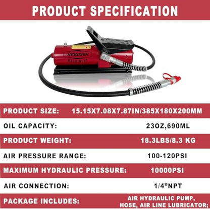 HEROSON High Pressure Pneumatic Pump, 10,000 PSI, 0.7L Reservoir, NPT 3/8" Oil Outlet, NPT 1/4" Inlet, Foot Operated Air Hydraulic Pump - color: red