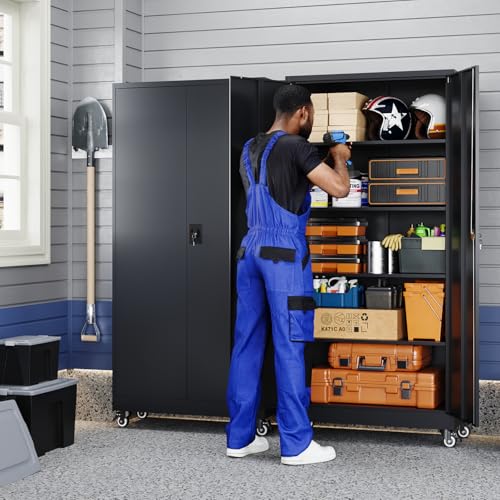 Yizosh Metal Garage Storage Cabinet with Locking Doors and Adjustable Shelves,- 75" Rolling Steel Tool Cabinet for Home Office,Garage,Warehouse - color: Black, size: 75"H x 32"W x 16"D