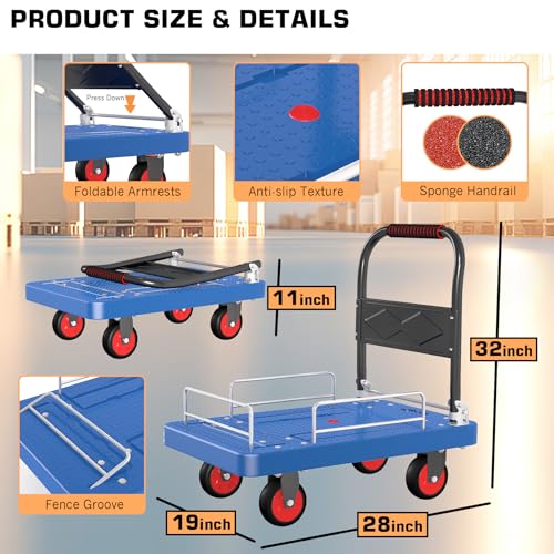 Heavy-Duty Platform Truck Cart with 3 Fence 1100lbs Capacity - color: Blue, size: 28"x19"