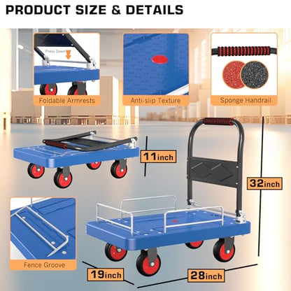 Heavy-Duty Platform Truck Cart with 3 Fence 1100lbs Capacity - color: Blue, size: 28"x19"