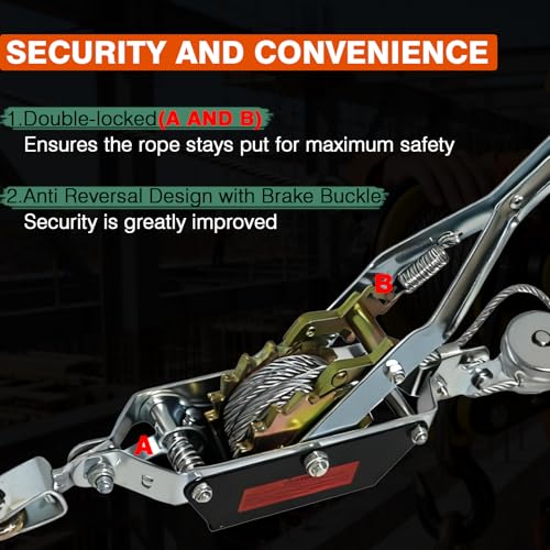4410lbs Come Along Winch,2T Pulling Capacity,12ft Steel Cable - size: 2 Ton