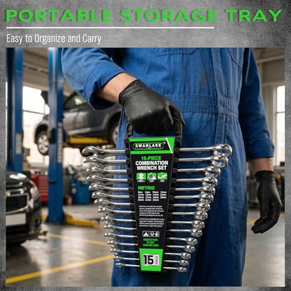 SWANLAKE 15-Piece Metric Combination Wrench Set, 12-Point Max Torque Open End Wrench Set, Cr-V Steel Wrenches 8, 9, 10, 11, 12, 13, 14, 15, 16, 17, 18, 19, 20, 21, 22mm with Storage Rack - style: 15pcs Metric Combination