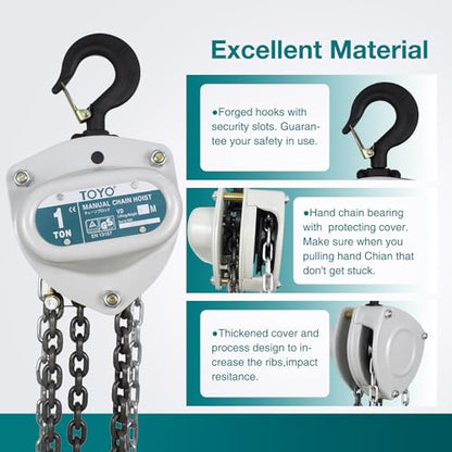 TOYO Chain Hoist 2200Lb,10ft Manual Chain Block Hoist 1ton Chain Fall 3M Come Along Hand Chain Hoist 2 Heavy Duty Hooks Industrial Grade Steel for Warehouse Automotive Construction Building - size: 1 Ton 10FT
