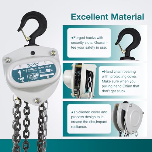 TOYO Chain Hoist 2200Lb,10ft Manual Chain Block Hoist 1ton Chain Fall 3M Come Along Hand Chain Hoist 2 Heavy Duty Hooks Industrial Grade Steel for Warehouse Automotive Construction Building - size: 1 Ton 10FT