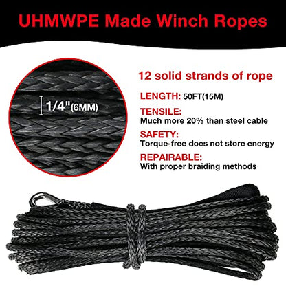 1/4" Synthetic Winch Rope 50 ft 10,000 lb UHMWPE Winch Cable Replacement Kit with Protective Sleeve, Thimble, Compatible with ATV UTV Truck Winches, Black - color: Black, size: 1/4 In x 50 Ft Standard
