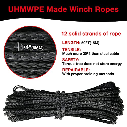 1/4" Synthetic Winch Rope 50 ft 10,000 lb UHMWPE Winch Cable Replacement Kit with Protective Sleeve, Thimble, Compatible with ATV UTV Truck Winches, Black - color: Black, size: 1/4 In x 50 Ft Standard