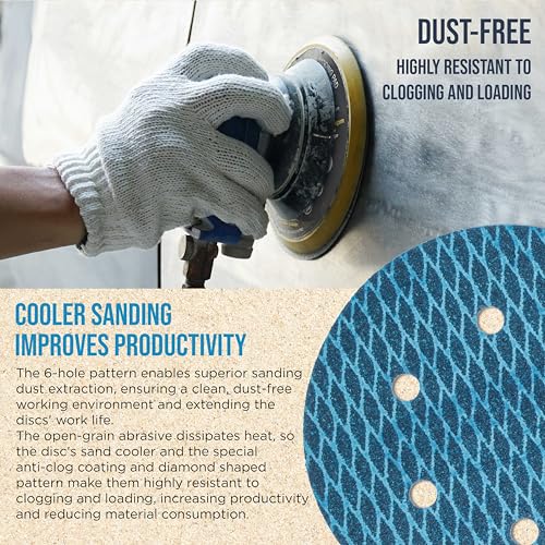 ProductionShop Premium 400 Grit 6" Rhombus Diamond Shape Blue Sanding Discs, 6-Hole, Box of 50 - Hook & Loop Anti-Clogging J-Cloth Dustless Sandpaper for Random Orbital Sanders, Sand Auto Paint, Wood - style: 400 Grit