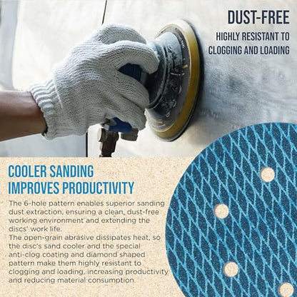 ProductionShop Premium 400 Grit 6" Rhombus Diamond Shape Blue Sanding Discs, 6-Hole, Box of 50 - Hook & Loop Anti-Clogging J-Cloth Dustless Sandpaper for Random Orbital Sanders, Sand Auto Paint, Wood - style: 400 Grit
