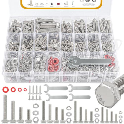 780pcs Hex Bolts and Nuts kit, 304 Stainless Steel M6 M5 M4 M3 Metric Bolt Assortment (Lock & Flat Washers), Stainless Steel Bolts and Nuts kit, Metric Screw Assortment - size: M6 M5 M4 M3