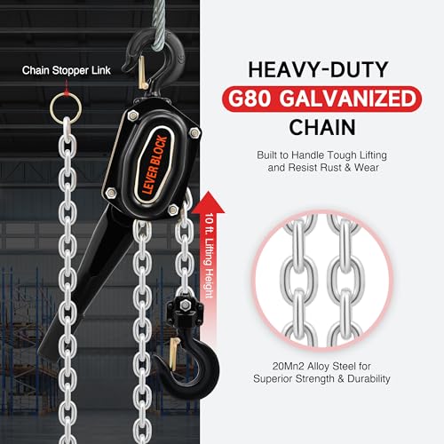 CREWORKS Lever Chain Hoist, 3 Ton 6600 lb Capacity 10 ft Manual Chain Hoist with G80 Galvanized Chain & Swivel Hooks, Heavy Duty Manual Lever Hoist for Construction Warehouse Automotive Factory - style: Lever hoist, 3 Ton, 10FT