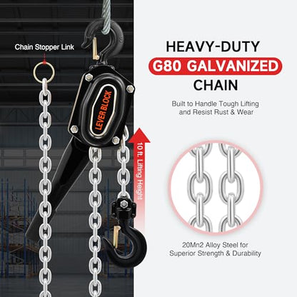 CREWORKS Lever Chain Hoist, 3 Ton 6600 lb Capacity 10 ft Manual Chain Hoist with G80 Galvanized Chain & Swivel Hooks, Heavy Duty Manual Lever Hoist for Construction Warehouse Automotive Factory - style: Lever hoist, 3 Ton, 10FT