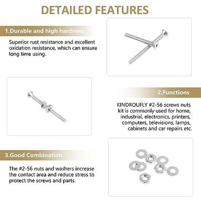 252 Pieces #2-56 x 3/16", 1/4", 5/16", 3/8", 1/2", 5/8", 3/4", 1", Countersunk Head Socket Cap Screws Nuts Washers Assortment Kit, 304 Stainless Steel, Fully Machine Thread - size: #2-56, style: Countersunk Head