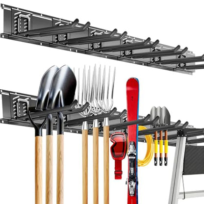 Garage Tool Organizer Wall Mount, 48inch Heavy-Duty Garage Storage System and Garden Tool Organizer with 6 Adjustable Straight Hooks for Shovel, Snowboard, Yard Tools and Shed - size: 48"-6straight hook