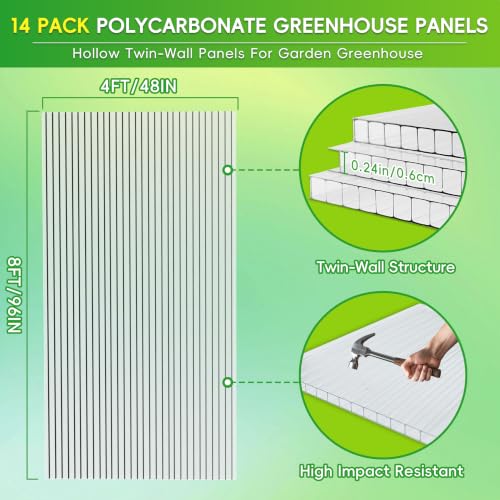RITOLLO 14 Pack 8'FT x 4'FT x 0.24" in Polycarbonate Sheet for Greenhouse - size: 8'FT x 4'FT x 0.24" in