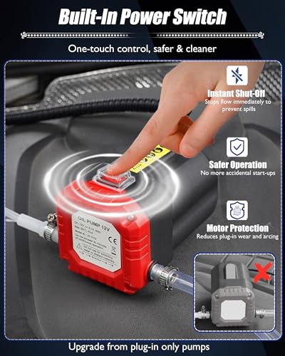 Oil Extractor Pump 12V 80W, Upgraded DIY Oil Change Pump w/ Auto Overload - color: Red