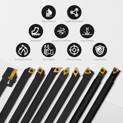 Indexable Lathe Turning Tool 27Pcs Kit 1/2'' 12mm Shank, 9Pcs Metal Lathe Tools Holder Set with 18Pcs Inserts, for Turning Grooving Threading Boring, Lathe Tooling with Reverse Tool Design - style: 9pcs 1/2'' 12mm Shanks+18pcs Inserts