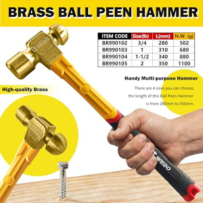 WEDO12oz(340g) Brass Ball Peen Hammer,Ball Pein Hammer with Fiberglass Handle,Length 280mm(11"),Brass, Die-Forged, Corrosion Resistant, DIN Standard - size: 12oz(340g)