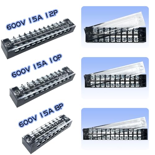 6 Sets 8/10/12 Positions 600V 15A Terminal Blocks Ground Circuit Dual Row Bus Bar Wire Screw Terminal Block Kit with Cover 600V Pre Insulated Terminal Strip WW004-15081012 - size: 15A 8P+10P+12P