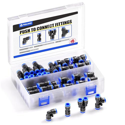 TAILONZ PNEUMATIC 1/4 Inch OD Push to Connect Fittings Pneumatic Fittings Kit 8 Spliters+10 Elbows+8 tee+10 Straight (36 pcs) - color: Blue, size: 1/4"OD/36PCS