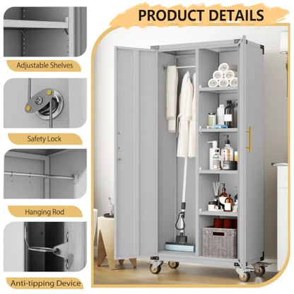 pozdeg 71" Rolling Lockable Metal Broom Closet Storage Cabinet, Grey White - color: Grey White, size: 15.7"D x 31.5"W x 71"H
