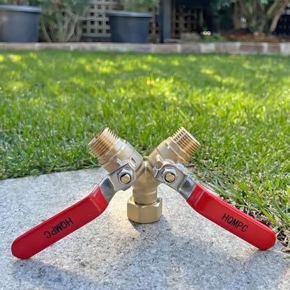 HQMPC Garden Hose Y Valve Splitter With Stainless Steel Long Handle - Brass 2 Way Water Adapter, 3/4" GHT Thread - size: 0.75 Inch