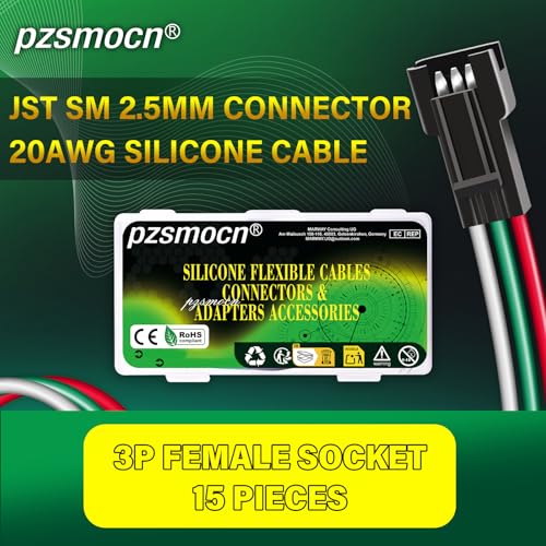15Pieces JST SM 2.5mm 3 Pin 20AWG Silicone Connector Kit 20cm Set - size: 3-Pin, style: JST-SM-F