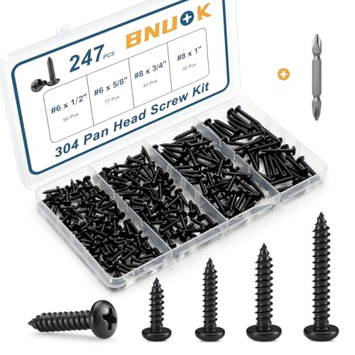 247Pcs Pan Head Wood Screws Assortment Kit, #6#8 Black Oxide Stainless Steel 304 Self Tapping Screws Set, Phillips Drive, Sheet Metal Screws - color: Black, size: #6/#8 Assorted