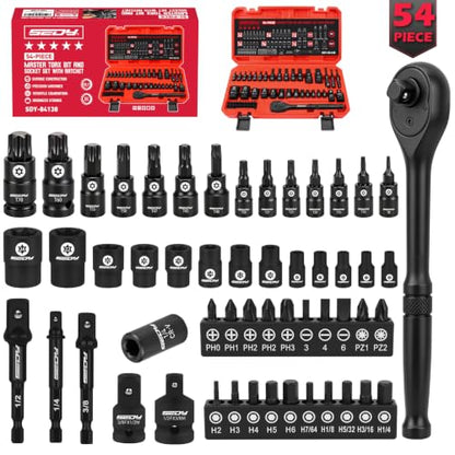 54-Piece Master Torx Bit Socket Set, T8-T70 Star Bits and E4-E24 E-Torx Sockets, Ratchet Wrench, 1/4" Bit Holder, S2 Steel Bits, CR-V Sockets, Extension Bars and Adapters for Auto Repair - style: 54-Piece Master Torx Socket Set（New Version）