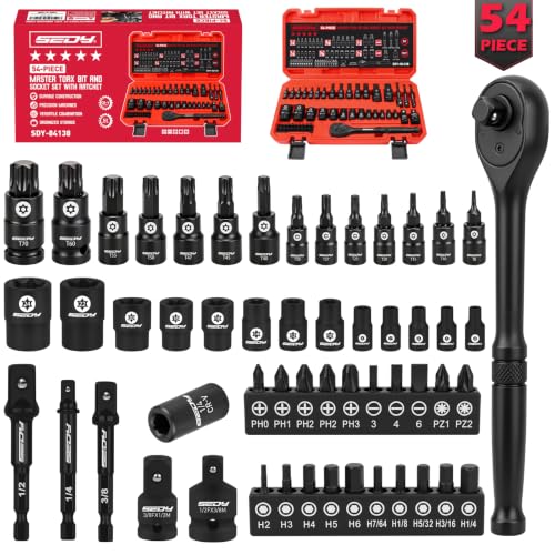 54-Piece Master Torx Bit Socket Set, T8-T70 Star Bits and E4-E24 E-Torx Sockets, Ratchet Wrench, 1/4" Bit Holder, S2 Steel Bits, CR-V Sockets, Extension Bars and Adapters for Auto Repair - style: 54-Piece Master Torx Socket Set（New Version）