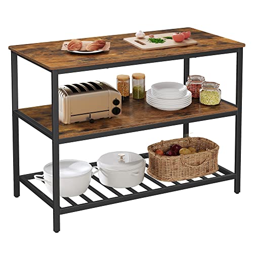 VASAGLE Kitchen Island with 3 Shelves, Storage Cabinet, Steel Structure - color: Rustic Brown + Black, size: 47.2"W x 35.4"H, style: without Power Outlets
