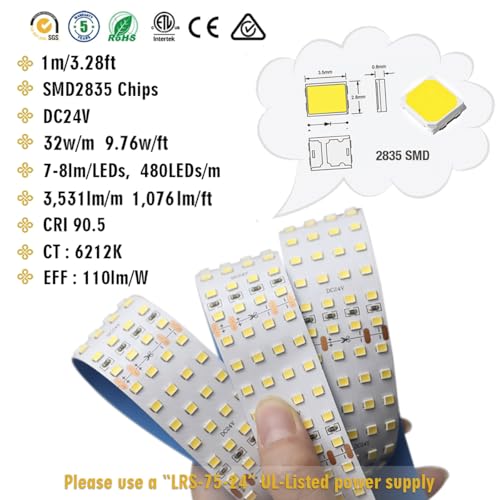 2835 White High CRI 90 LED Strip Light - Bright Color Quad Row Flexible LED Tape Lights 24V- IP20-3,530 lm/m for LED Industrial and Photographic Lighting (1m/3.28' Daylight White) - size: 1m/3.28' Daylight White