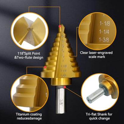 Step Drill Bit Set for Metal- 5PCS Ti Step Bit with Two Straight Flutes - color: 5Pcs Straight Set