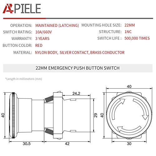 APIELE 22mm NC Red Mushroom Emergency Stop Push Button Switch 600V 10 Amp XB2-01ZS - style: XB2-01ZS
