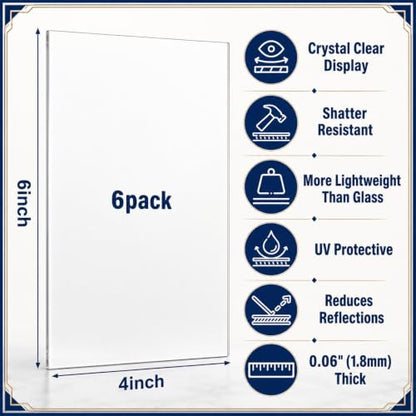 Junkin 6 Pack 4 x 6 Inch Non-Glare Acrylic Sheet for Picture Frame - size: 4 x 6 Inch