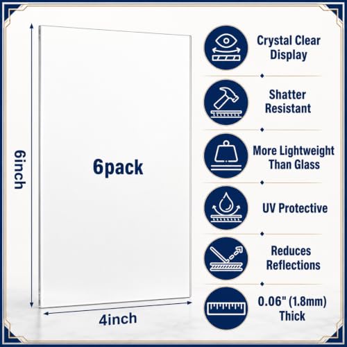 Junkin 6 Pack 4 x 6 Inch Non-Glare Acrylic Sheet for Picture Frame - size: 4 x 6 Inch